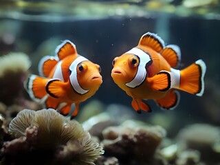 Obraz na płótnie Canvas Pair of clownfish swimming in aquarium fish tank. Generative AI