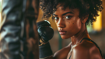 A close-up of a beautiful athletic black woman boxing and hitting a punching bag, representing female empowerment during Black History Month, - obrazy, fototapety, plakaty