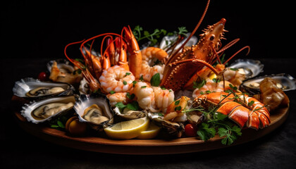 Fresh seafood plate with prawn, scallop, and mussel appetizer generated by AI