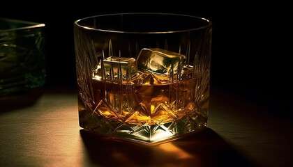 Whiskey, alcohol, drink, ice, liquid, drinking glass, close up, bar, brandy, cognac generated by AI