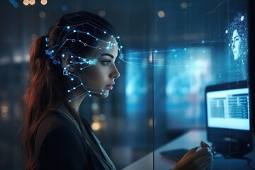 young indian woman working on laptop at artificial intelligence office