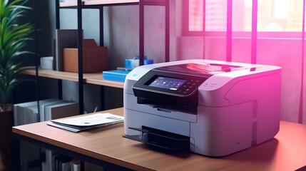 Laser printer on desk - obrazy, fototapety, plakaty