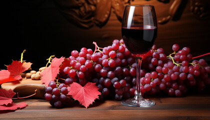 Fototapeta premium Autumn nature decorates table with wine, grape, and leaf generated by AI