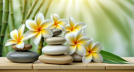 Bamboo blurred background with plumeria flowers and stones on a table with bamboo leaves.