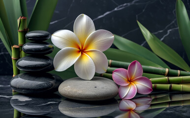 Plumeria flowers and several stones on a black marble table with bamboo.
