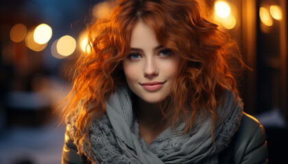 Fototapeta premium Young woman smiling, looking at camera, outdoors, in winter generated by AI