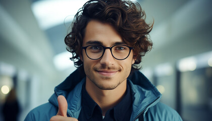 Young adult man with brown hair smiling confidently outdoors generated by AI