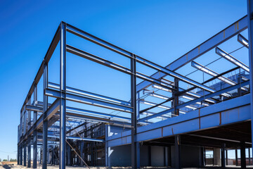 Structure of steel roof truss under the construction building with beautiful sky, site of construction.
