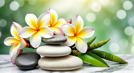 Flat stones with plumeria flowers and bamboo on a table with a blurred background.