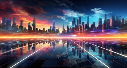 ai, network, technology, artificial intelligence, energy, innovation, future, digital, link, tech. abstract futuristic cityscape with towering skyscrapers and neon lights in the blue sky, via AI gen. - obrazy, fototapety, plakaty