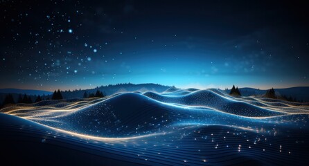 night, sky, light, nature, star, dusk, skyline, evening, hill, pile. night sky landscape with mountain valley and pile, low clouds, starry sky, and dark blue sky, illumination via ai generate.