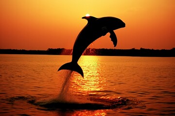 A whale breaching against the backdrop of a breathtaking sunrise or sunset, highlighting the majestic convergence of nature's beauty both above and below the waterlin