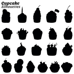 Collection of vector cupcake silhouette illustrations - obrazy, fototapety, plakaty