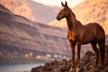 A majestic horse standing proudly at the edge of the beach, its mane and tail catching the breeze as it gazes out at the endless expanse of the se