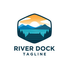 Dock and lake logo design creative idea inspiration, Construction dock repair houseboat logo design - obrazy, fototapety, plakaty