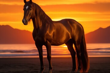 A majestic horse standing proudly at the edge of the beach, its mane and tail catching the breeze as it gazes out at the endless expanse of the se