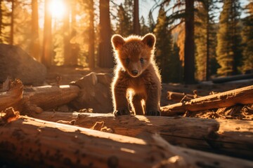 A cute bear cub tentatively stepping over a fallen log, displaying its cautious yet curious nature as it explores its surrounding