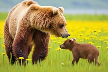 Obraz premium A cute bear cub nuzzling against its parent in a heartwarming display of affection and family bonds within the bear communit