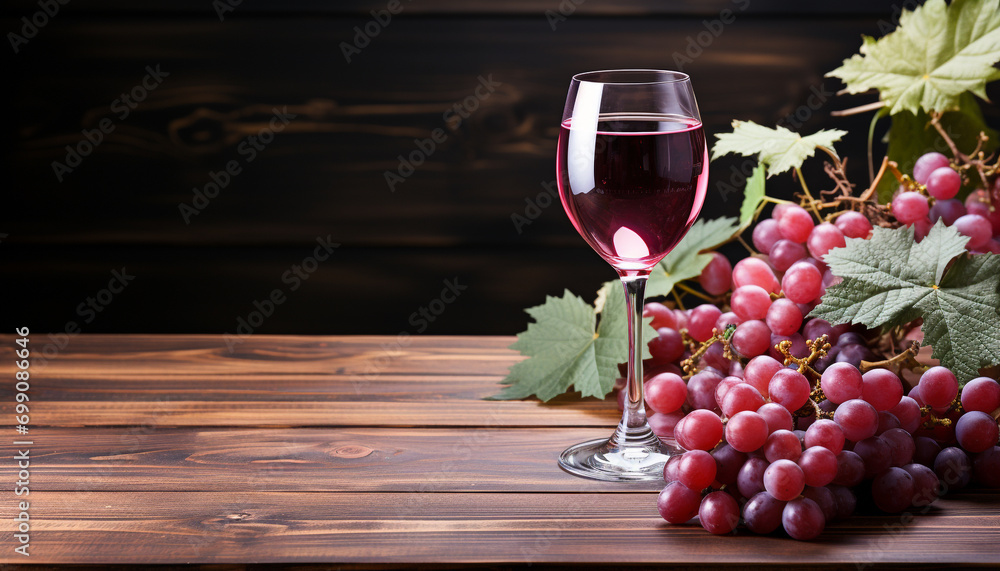 Wall mural Fresh grape bunches on wooden table, nature wine celebration generated by AI - Wall murals