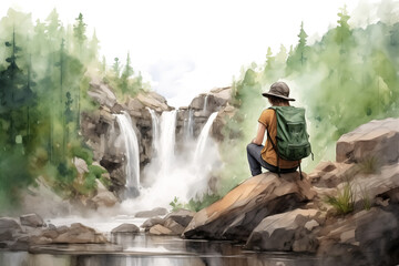 Tourist hipster with backpack in active trekking clothes sitting near mountain river waterfall