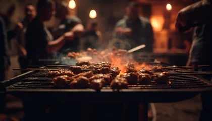 Fotobehang Grilled meat on skewer, flame glowing, outdoor barbecue party generated by AI © Stockgiu