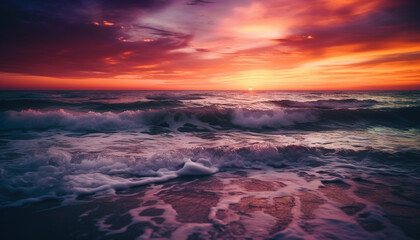 The beauty of nature reflected in the tranquil sunset waves generated by AI