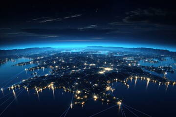 Fototapeta premium communication, connect, connection, digital, network, technology, wireless, energy, online, smart. modern city with wireless network connection. wireless network with city background at night.