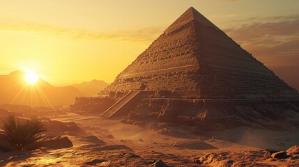 Imponente vista de la Gran Pirámide de Giza con el sol poniente, reflejando la grandeza del Antiguo Egipto