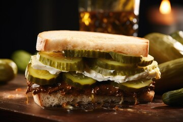 This shot takes a creative approach by featuring a pickle sandwich, with layers of gourmet pickles, cheese, and lettuce between two slices of crusty bread. The shot highlights the versatility - obrazy, fototapety, plakaty