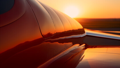 Fototapeta premium Sunset drive on curved asphalt road, sports car reflects vibrant sky generated by AI