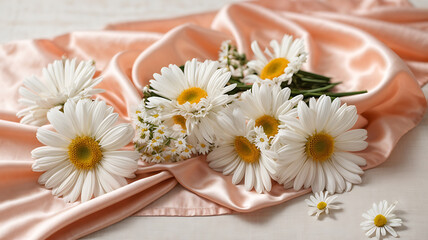 Delicate floral arrangement of daisies on peach silky fabric