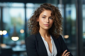 Obraz premium portrait, business, businesswoman, office, opportunity, co-worker, working space, leadership, smile, elegance. portrait image is close up businesswoman at working space. behind have office asset.