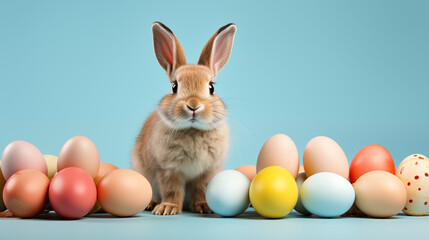 Fototapeta na wymiar Easter bunny and plain color eggs on a light blue background, copy space
