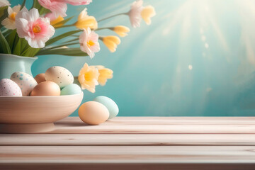 Fototapeta premium Easter wooden table background of free space.