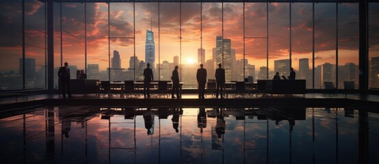 business, businessman, office, person, professional, teamwork, corporate, standing, meeting, team. silhouettes of people in a large room against a background of tall windows and height buildings.