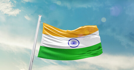 India national flag cloth fabric waving on the sky - Image