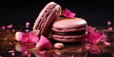 Obraz na płótnie Canvas Captured against a backdrop of rustic elegance, a of macarons beckons admirers to appreciate their artisanal appeal. The dainty and refined pink macaron, dusted with delicate rose petals,