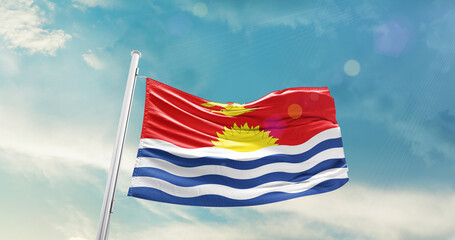 Kiribati national flag cloth fabric waving on the sky - Image