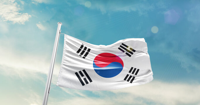 South Korea national flag cloth fabric waving on the sky - Image