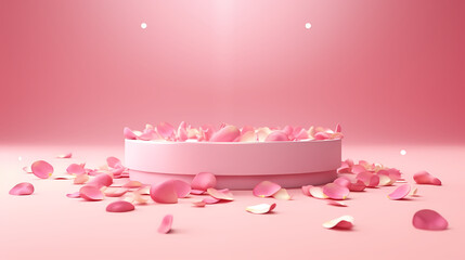 Pink product podium placed on solid background with falling rose petals, 3d rendering podium platform