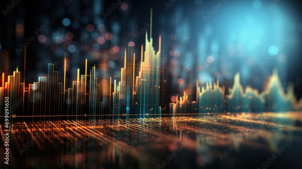 Poster chart, graph, candlestick, stock, analysis, indicator, currency, finance, market, financial. perspective view of stock market growth, business investing, and data concept with candlestick indicators.