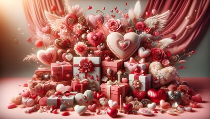 Saint-Valentin : union et amour avec cœurs, cadeaux, décorations festives en rouge, rose et blanc pour une célébration romantique."