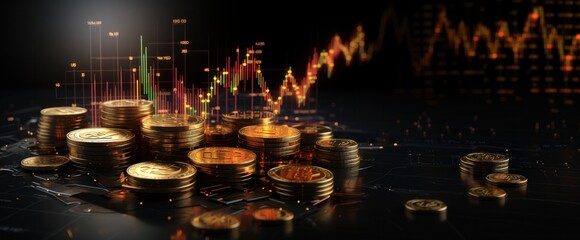 finance, business, coin, economy, money, financial, currency, investment, growth, profit. investment benefits surrounded by coins and banknotes building financial via candle stick with dollar sign.