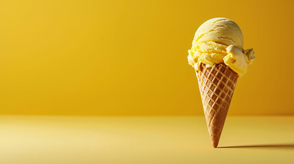 Yellow ice Cream cone, on a yellow background. Made with generative ai