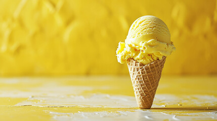 Yellow ice Cream cone, on a yellow background. Made with generative ai