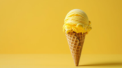 Yellow ice Cream cone, on a yellow background. Made with generative ai