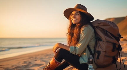 Young woman tourist in hat and with backpack sitting on beach