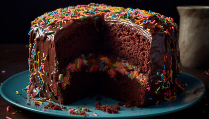 A decadent slice of homemade chocolate cake with colorful decoration generated by AI