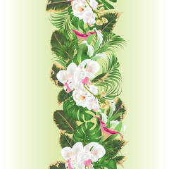 Floral vertical border seamless background bouquet with tropical flowers  floral arrangement white orchids ,lili, palm,philodendron  vintage vector illustration  editable hand draw