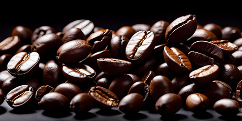 Close up of coffee beans on black background. Generative Ai
